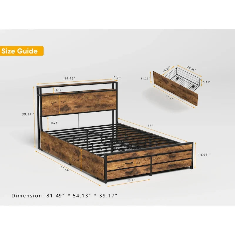 Full Size Storage Bed with LED Lights, Charging Station & 8 Drawers