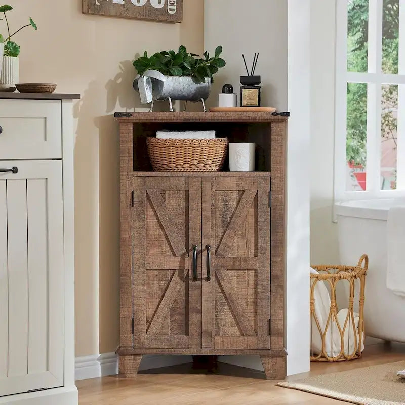 Farmhouse Corner Bathroom Cabinet, Small Corner Cabinet with Barn Door - N/A