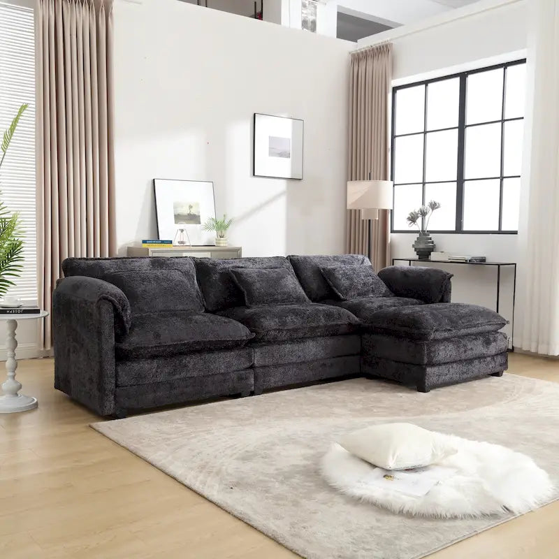 112" L-Shaped Sectional Sofa - 3-Seater Chenille Fabric Couch with Chaise, Detachable Armrests, 500lb Capacity, Living Room Furniture