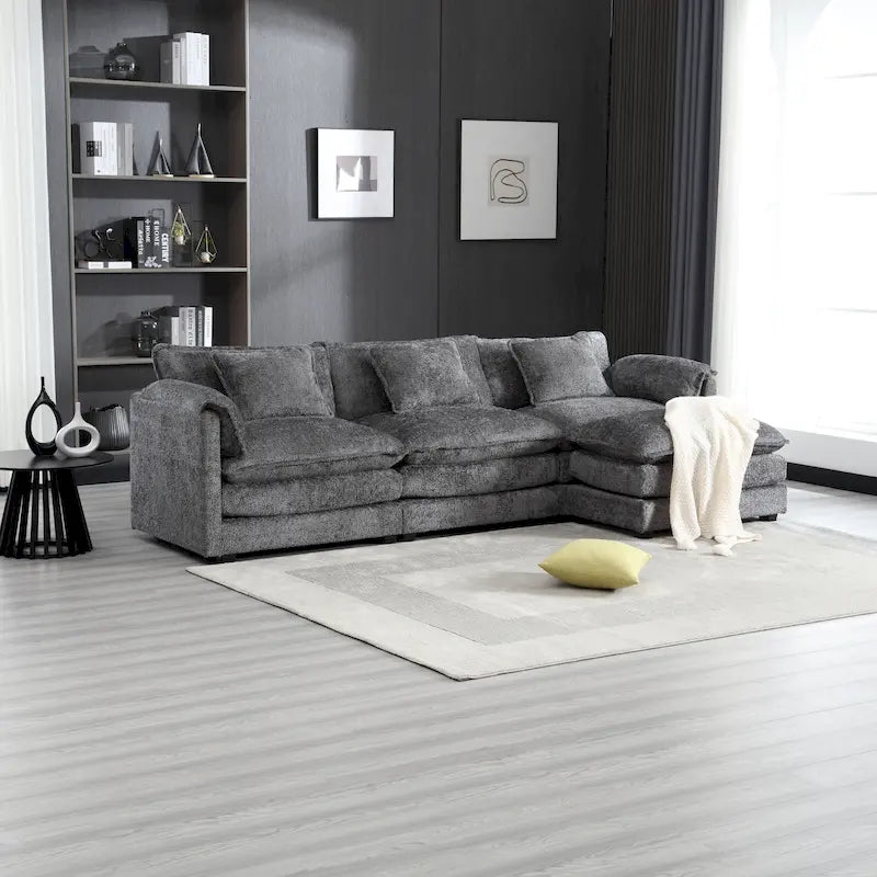 112" L-Shaped Sectional Sofa - 3-Seater Chenille Fabric Couch with Chaise, Detachable Armrests, 500lb Capacity, Living Room Furniture