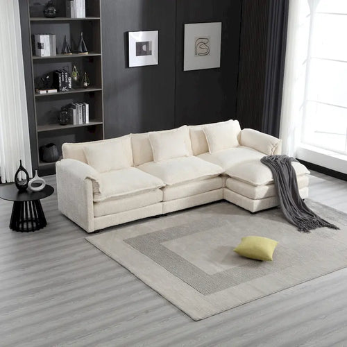 112" L-Shaped Sectional Sofa - 3-Seater Chenille Fabric Couch with Chaise, Detachable Armrests, 500lb Capacity, Living Room Furniture