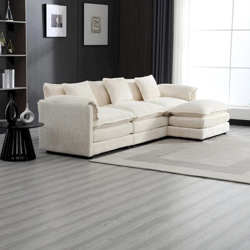 112" L-Shaped Sectional Sofa - 3-Seater Chenille Fabric Couch with Chaise, Detachable Armrests, 500lb Capacity, Living Room Furniture