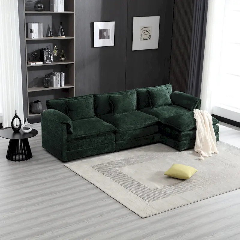 112" L-Shaped Sectional Sofa - 3-Seater Chenille Fabric Couch with Chaise, Detachable Armrests, 500lb Capacity, Living Room Furniture