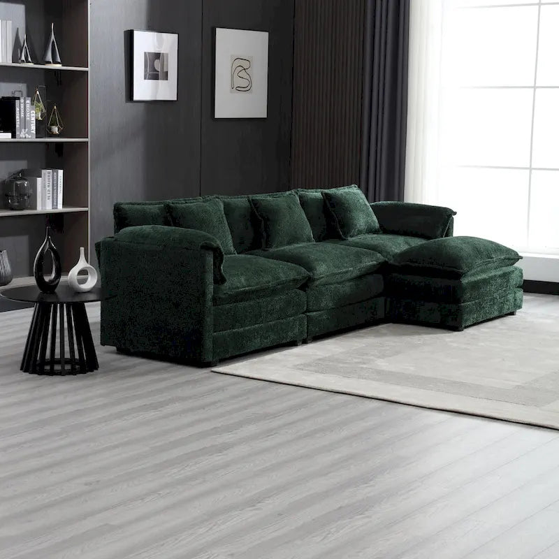 112" L-Shaped Sectional Sofa - 3-Seater Chenille Fabric Couch with Chaise, Detachable Armrests, 500lb Capacity, Living Room Furniture