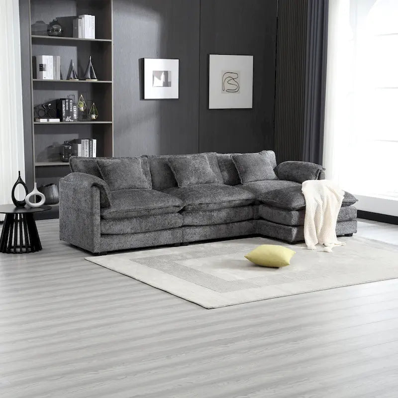 112" L-Shaped Sectional Sofa - 3-Seater Chenille Fabric Couch with Chaise, Detachable Armrests, 500lb Capacity, Living Room Furniture