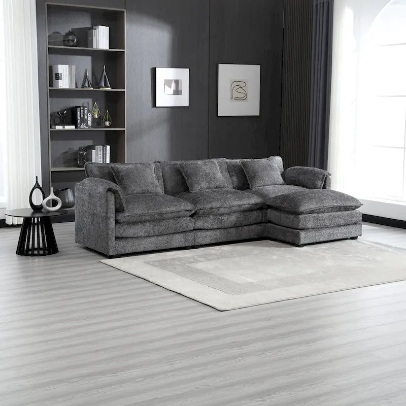 112" L-Shaped Sectional Sofa - 3-Seater Chenille Fabric Couch with Chaise, Detachable Armrests, 500lb Capacity, Living Room Furniture