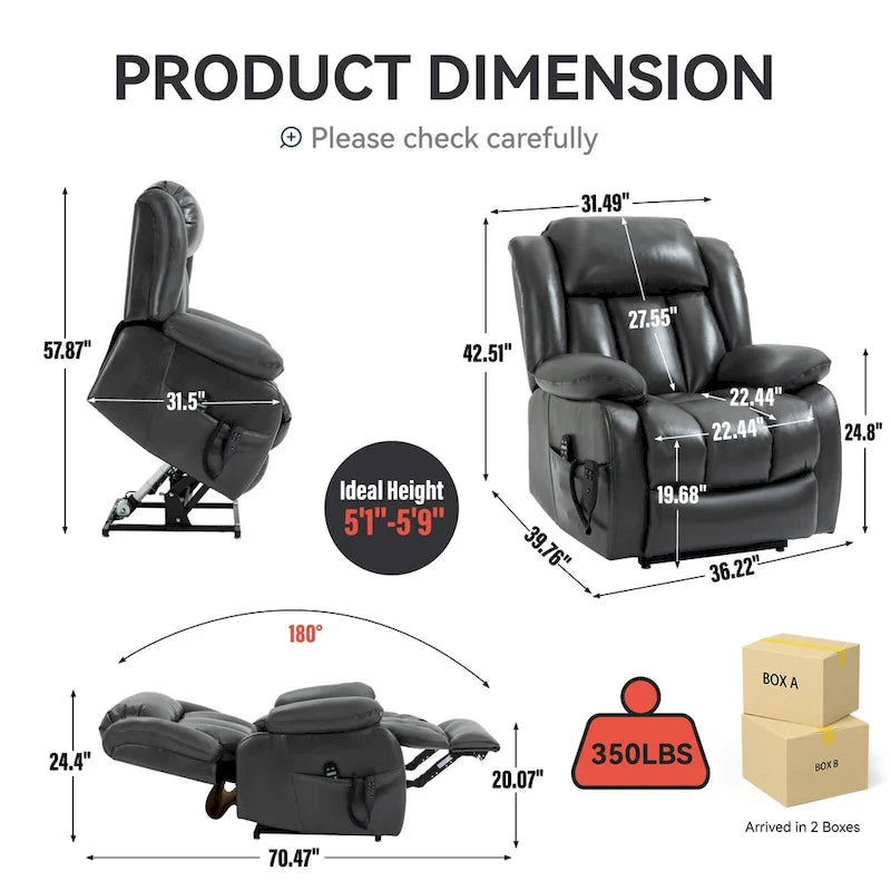 Faux Leather Dual Motor Power Lift Recliner Chair for Elderly, Lazy Boy Single Massage Sofa w/8-Point Vibration & Lumbar Heating