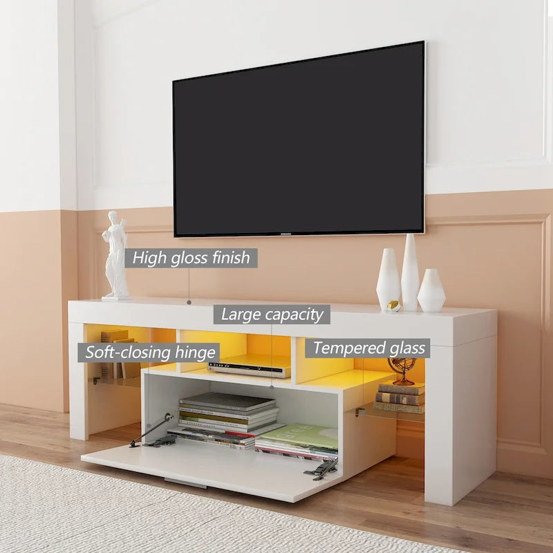 White 51.22 TV Stand with LED Lights and Toughened Glass Shelf for TVs Up to 55