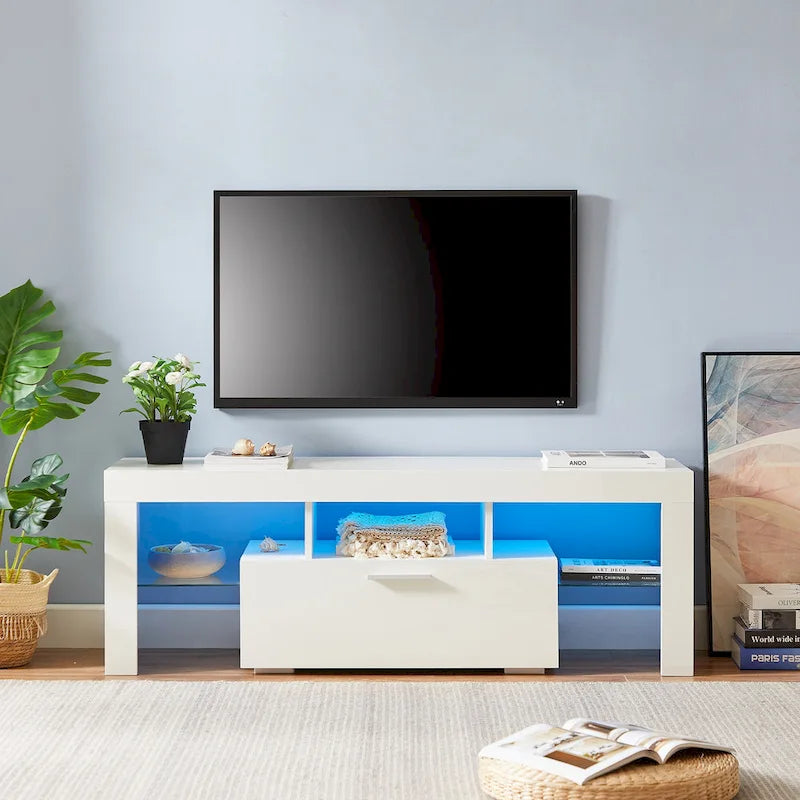 White 51.22 TV Stand with LED Lights and Toughened Glass Shelf for TVs Up to 55