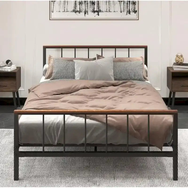 Black Metal Queen Size Platform Bed Frame with Headboard and Footboard, Sturdy Construction, No Box Spring Needed, Queen