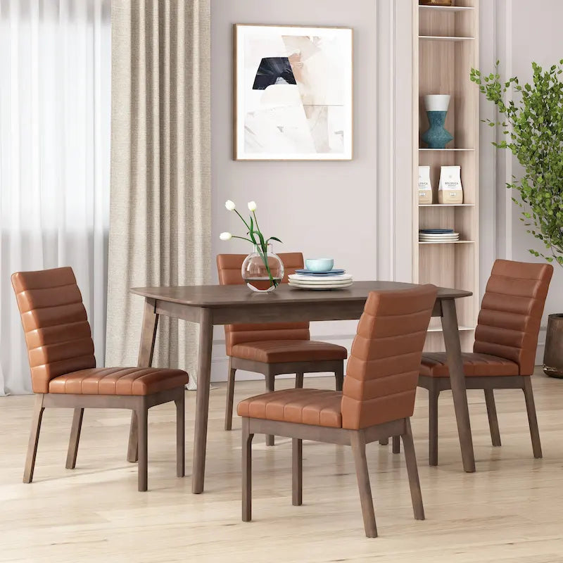 Mid-Century Dining Chairs Set of 4 - Channel Stitch Upholstery, Rubberwood Legs, Walnut Finish, 300 lbs Capacity