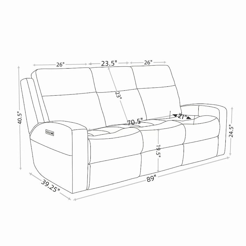 89 Wide Top Grain Leather Power Reclining Sofa Electric Recliner Sofa with Storage, USB Charge Port, Adjustable Headrest