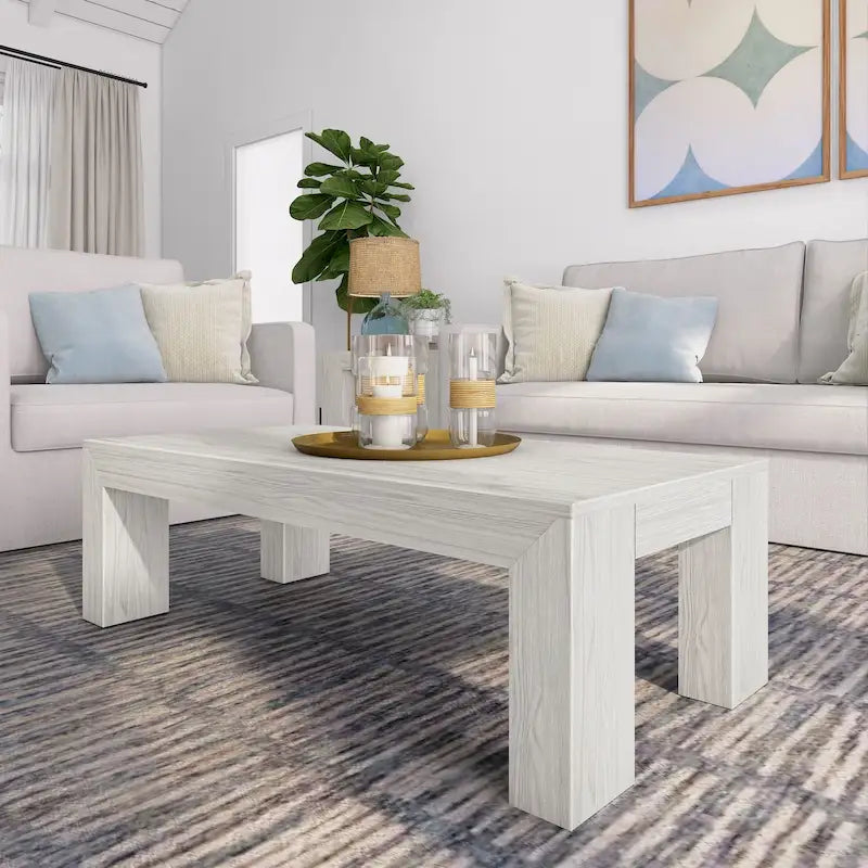 Modern Rectangular Coffee Table 48" x 24" - Solid Pine Wood, Wirebrush Finish, Non-Toxic, 15"H