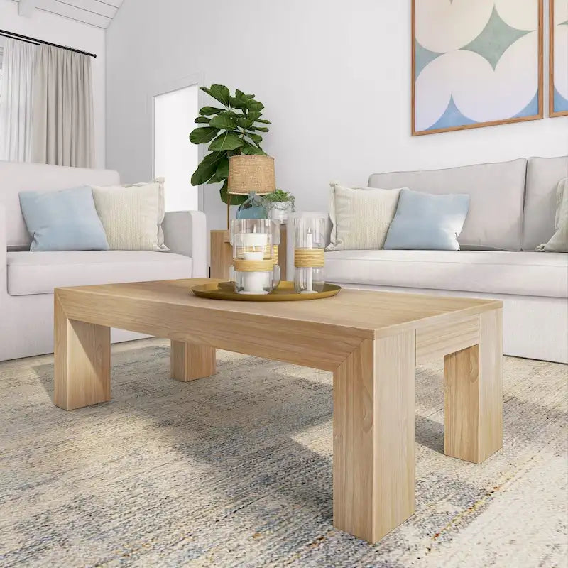 Modern Rectangular Coffee Table 48" x 24" - Solid Pine Wood, Wirebrush Finish, Non-Toxic, 15"H