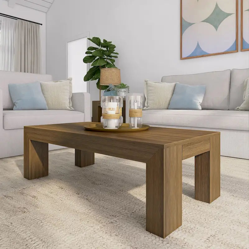 Modern Rectangular Coffee Table 48" x 24" - Solid Pine Wood, Wirebrush Finish, Non-Toxic, 15"H