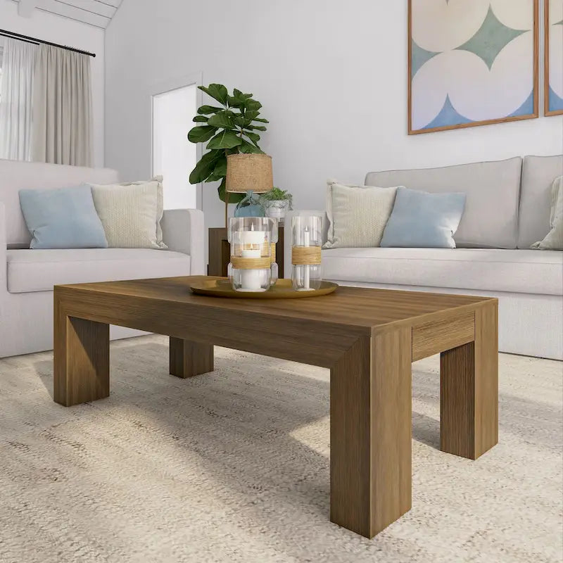 Modern Rectangular Coffee Table 48" x 24" - Solid Pine Wood, Wirebrush Finish, Non-Toxic, 15"H