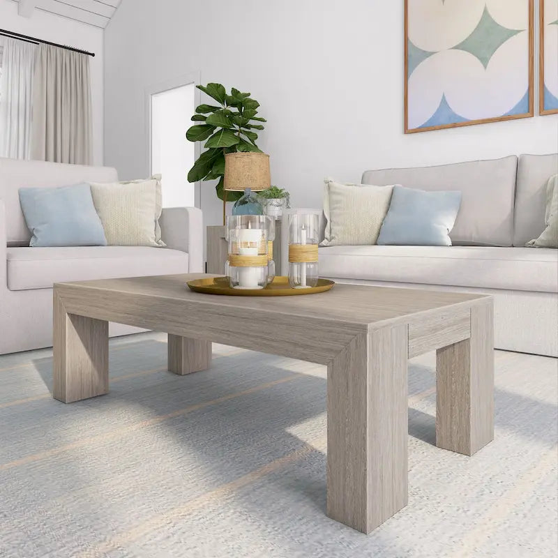 Modern Rectangular Coffee Table 48" x 24" - Solid Pine Wood, Wirebrush Finish, Non-Toxic, 15"H