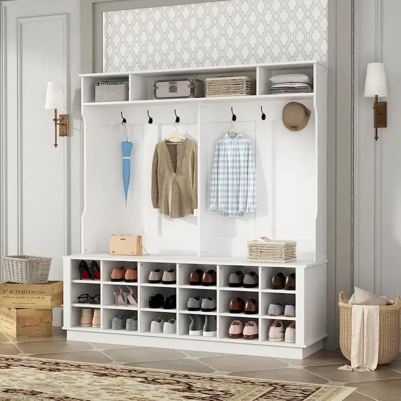 Large Hall Tree for Entryway Coat Rack Shoe Bench with Bottom Storage