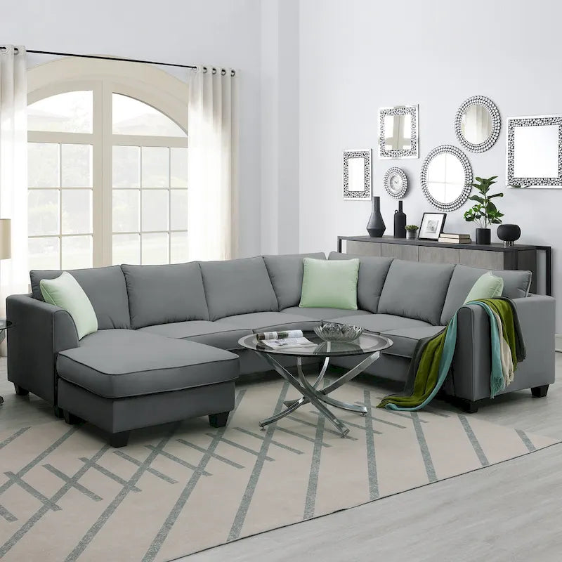 112*87 Sectional Sofa Couches Living Room Sets 7 Seats Modular Sectional Sofa with 3 Pillows, Grey
