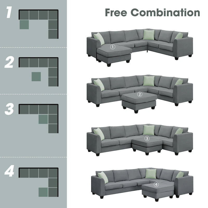 112*87 Sectional Sofa Couches Living Room Sets 7 Seats Modular Sectional Sofa with 3 Pillows, Grey