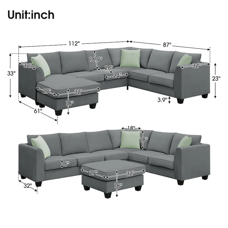 112*87 Sectional Sofa Couches Living Room Sets 7 Seats Modular Sectional Sofa with 3 Pillows, Grey