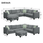 112*87 Sectional Sofa Couches Living Room Sets 7 Seats Modular Sectional Sofa with 3 Pillows, Grey