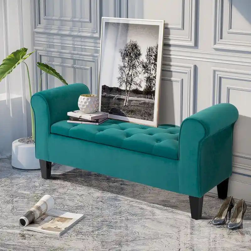 HOMCOM Button-Tufted Storage Ottoman Bench, Upholstered Bed Bench with Rolled Armrests for Bedroom, Living Room or Hallway