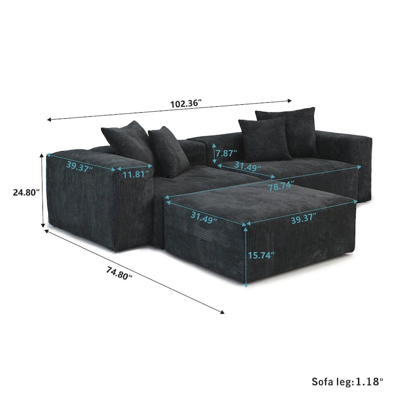 102 L-shape Corduroy Upholstered Sectional Couch Oversize Modern Minimalist Sofa