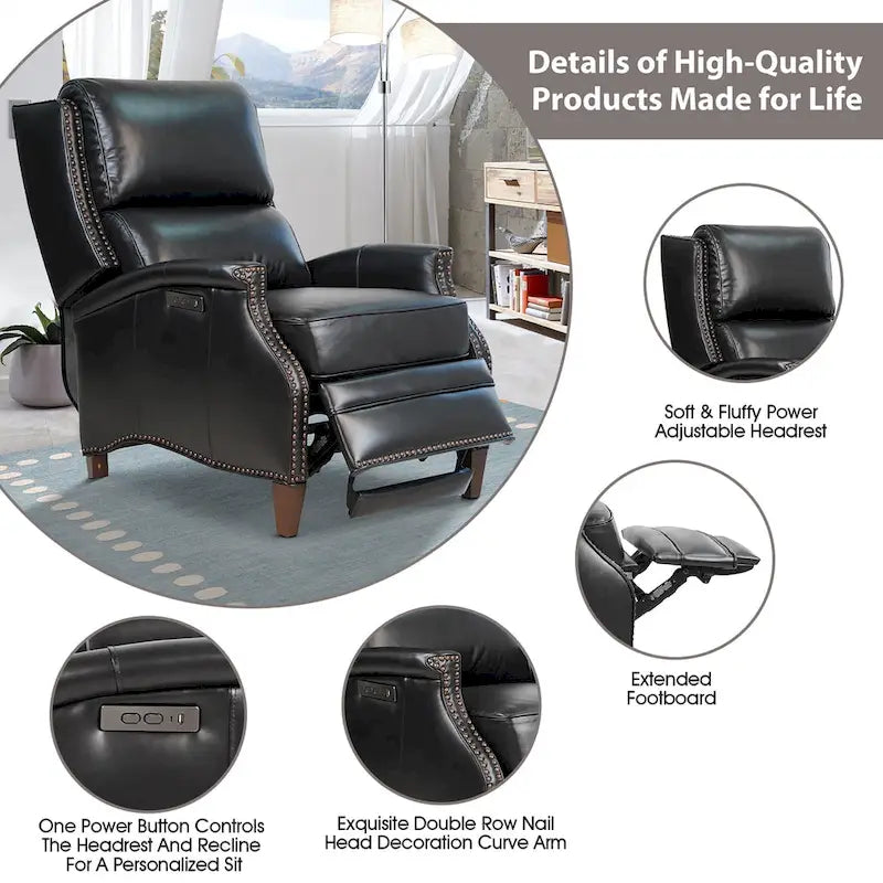 Hekkin Genuine Leather Power Recliner with Adjustable Headrest and USB Port Ultra-Comfy Living Room Seating