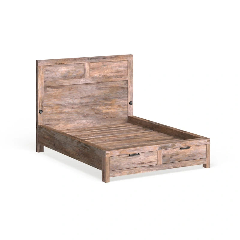 Storage Bed Solid Wood 2 Drawers USB Headboard Rustic Weathered Oak 13-Slat 500 LBS