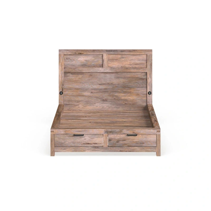 Storage Bed Solid Wood 2 Drawers USB Headboard Rustic Weathered Oak 13-Slat 500 LBS