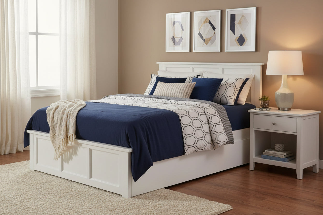 Full Platform Bed with Twin Trundle Solid Wood USB Charging No Box Spring White 800 LBS