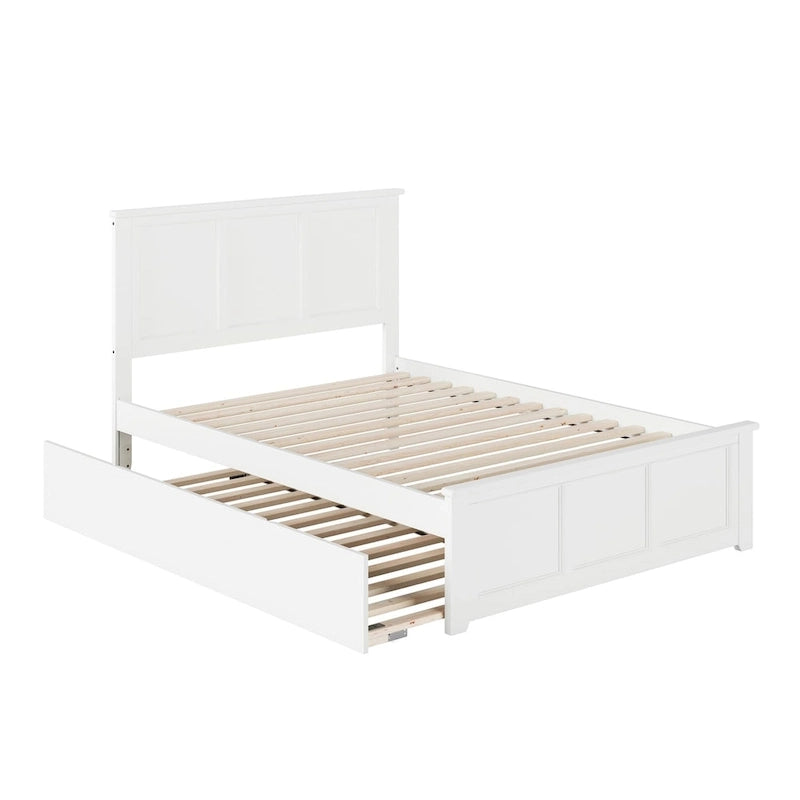 Full Platform Bed with Twin Trundle Solid Wood USB Charging No Box Spring White 800 LBS