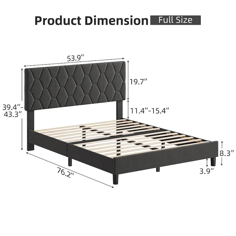 Bed Frame with Headboard Upholstered Linen Diamond Pattern Foam-Padded Wood Metal Platform