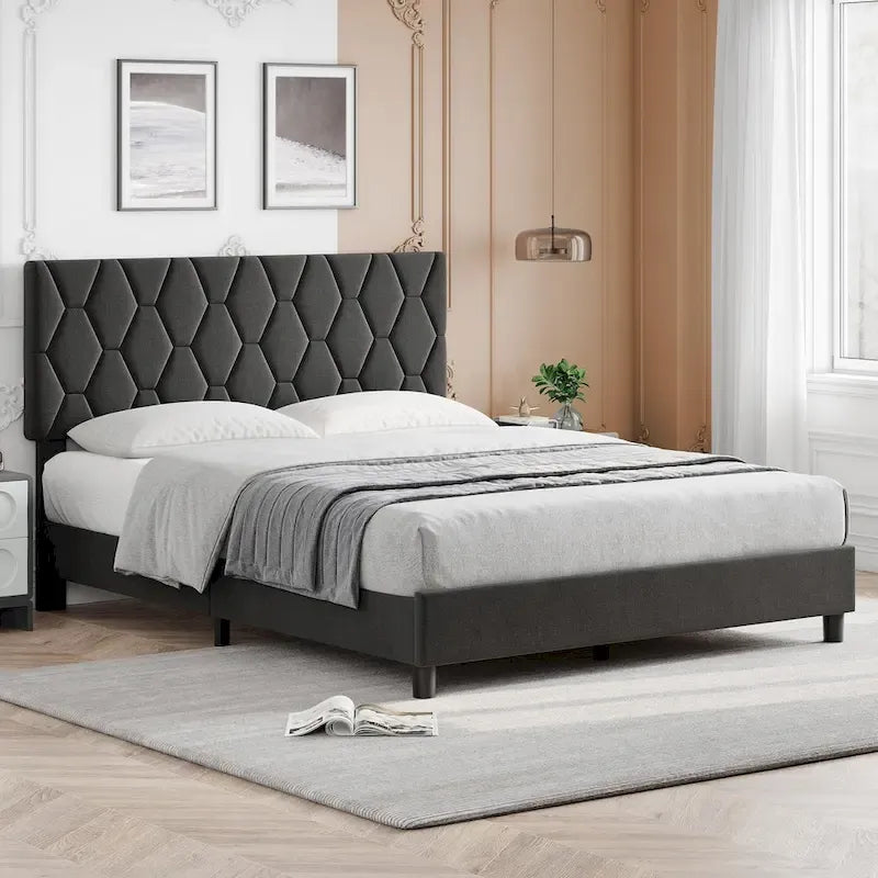 Bed Frame with Headboard Upholstered Linen Diamond Pattern Foam-Padded Wood Metal Platform
