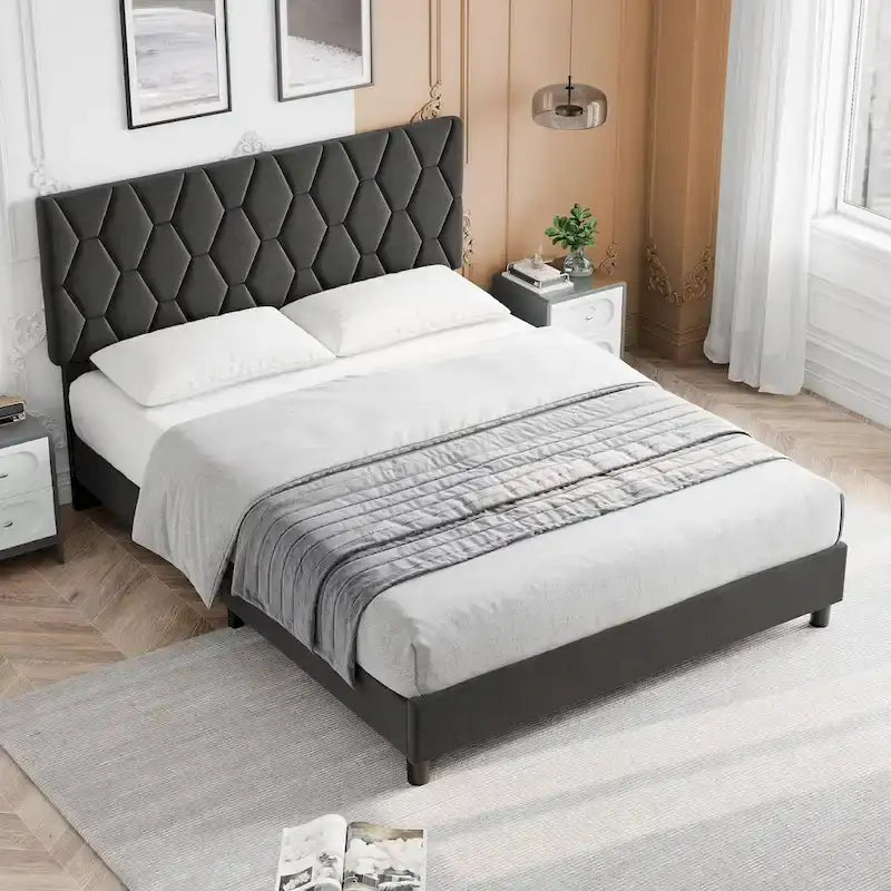 Bed Frame with Headboard Upholstered Linen Diamond Pattern Foam-Padded Wood Metal Platform