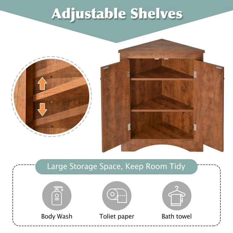 Brown Triangle Bathroom Storage Cabinet with Adjustable Shelves, Freestanding Floor Cabinet