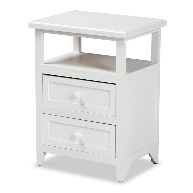 White Wood End Table - 2-Drawer Nightstand with Open Shelf, Contemporary Paulownia Wood Side Table, Fully Assembled, 21.3"H Living Room