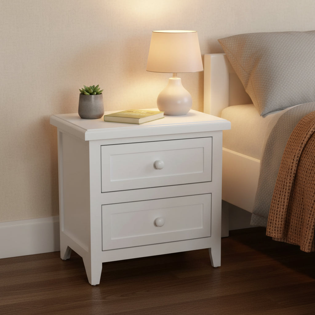 White Wood End Table - 2-Drawer Nightstand with Open Shelf, Contemporary Paulownia Wood Side Table, Fully Assembled, 21.3"H Living Room