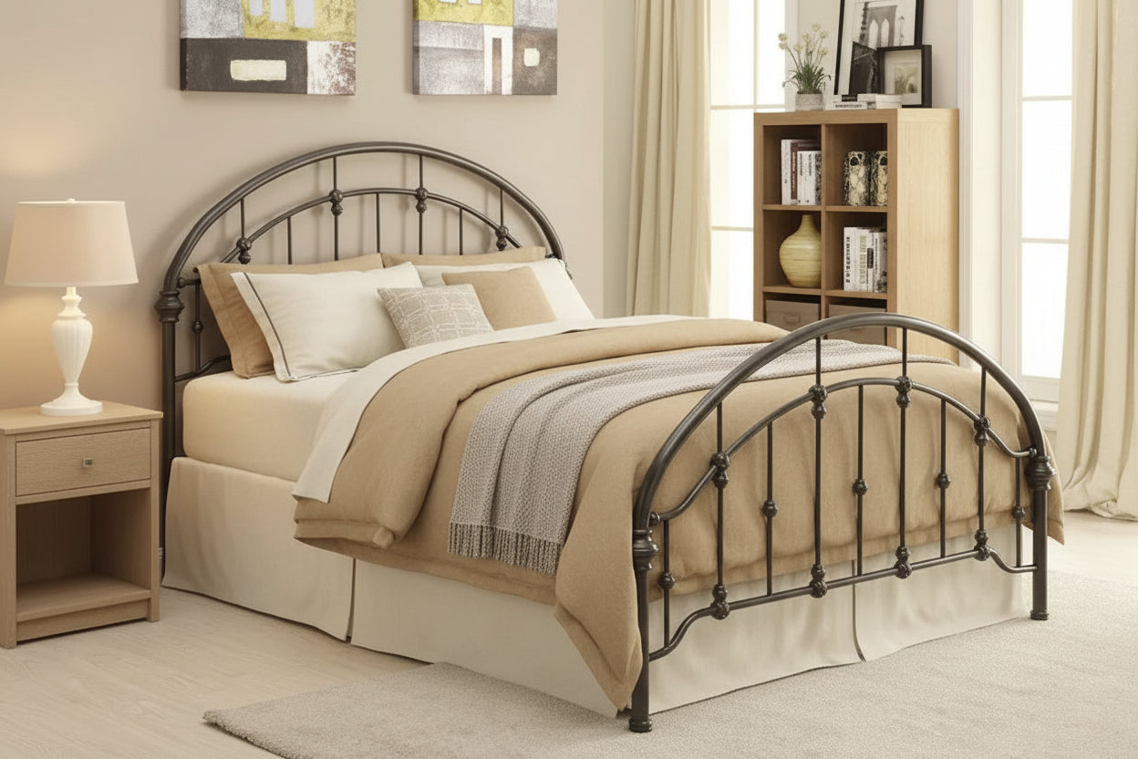 Metal Bed Dark Bronze Steel Tubing Curved Headboard Footboard Victorian Farmhouse Twin-King