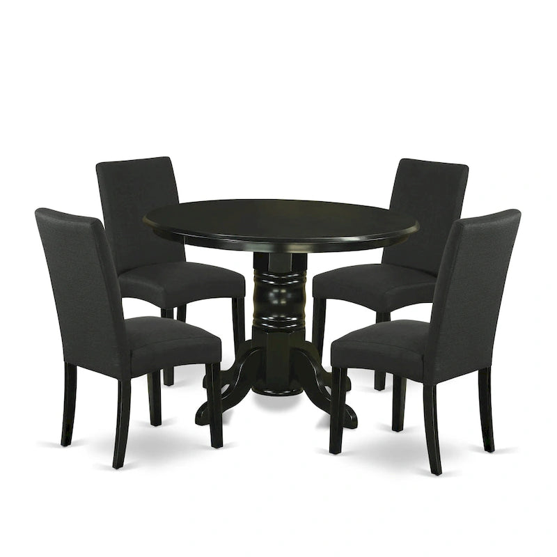 East West Furniture Kitchen Table Set- a Round Table and Black Color Linen Fabric Chairs, Black (Pieces Option)