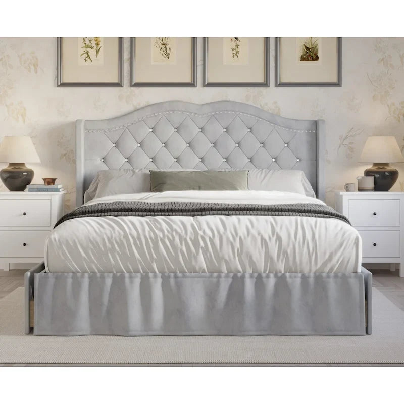 Tufted Upholstered Storage Bed - Velvet Panel Bed with 4 Drawers, Diamond Button Tufting, Nailhead Trim, Arched Headboard, Full/Queen/King