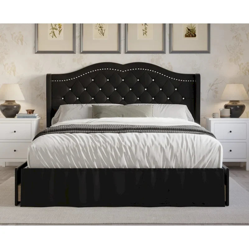 Tufted Upholstered Storage Bed - Velvet Panel Bed with 4 Drawers, Diamond Button Tufting, Nailhead Trim, Arched Headboard, Full/Queen/King