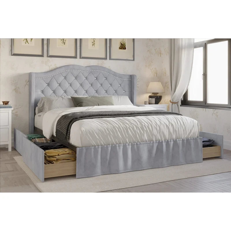 Tufted Upholstered Storage Bed - Velvet Panel Bed with 4 Drawers, Diamond Button Tufting, Nailhead Trim, Arched Headboard, Full/Queen/King