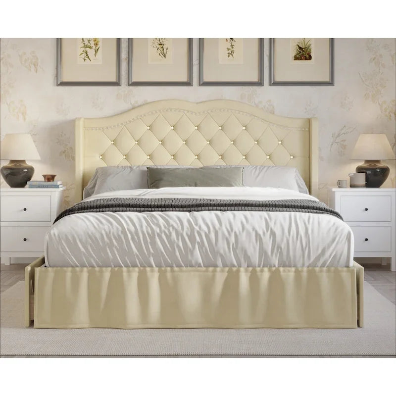 Tufted Upholstered Storage Bed - Velvet Panel Bed with 4 Drawers, Diamond Button Tufting, Nailhead Trim, Arched Headboard, Full/Queen/King