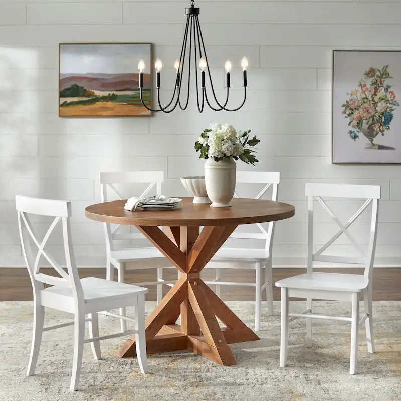 Dining Set 5-Piece 45.25" Round Table 4 Cross-Back Chairs Rubberwood Pedestal Farmhouse