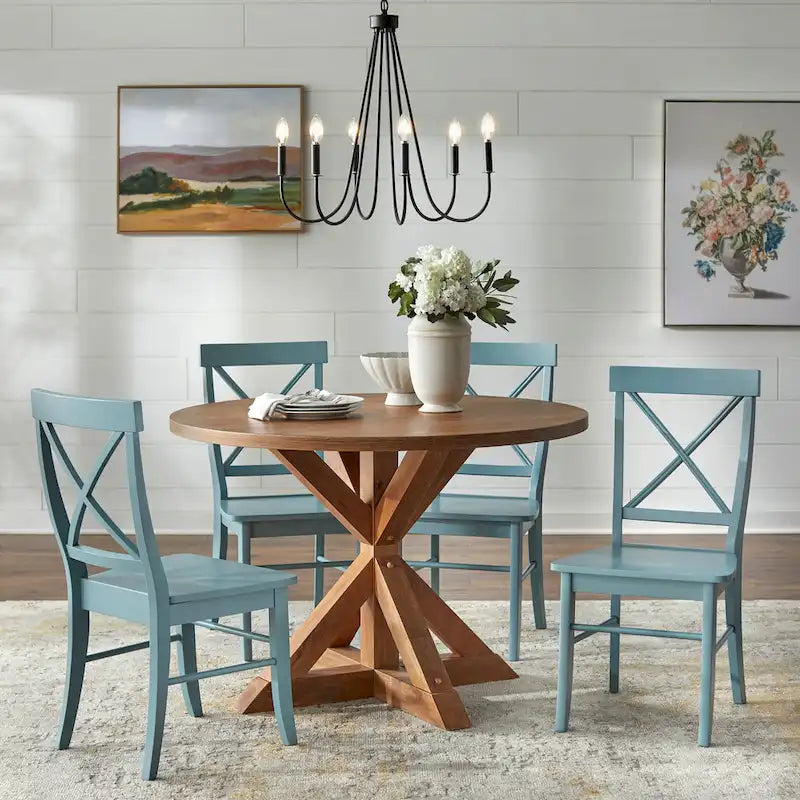 Dining Set 5-Piece 45.25" Round Table 4 Cross-Back Chairs Rubberwood Pedestal Farmhouse