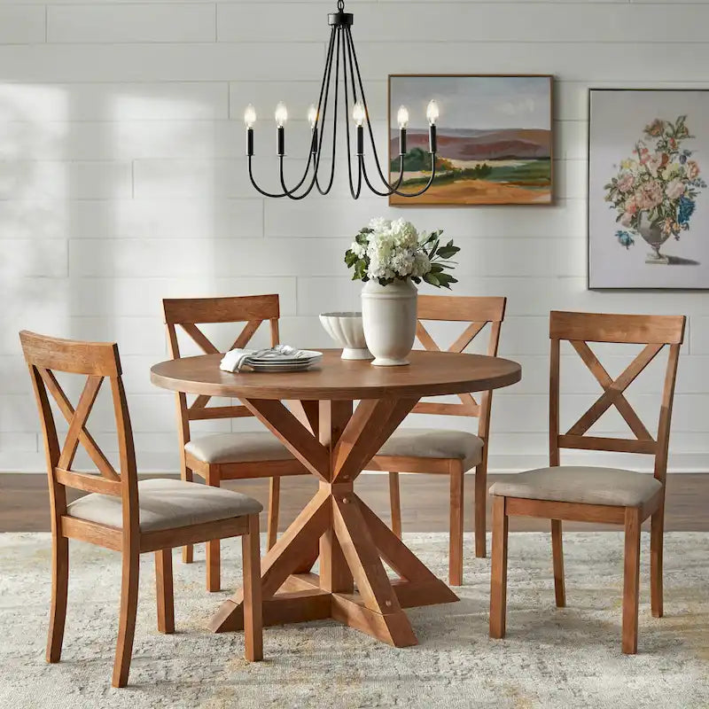 Dining Set 5-Piece 45.25" Round Table 4 Cross-Back Chairs Rubberwood Pedestal Farmhouse