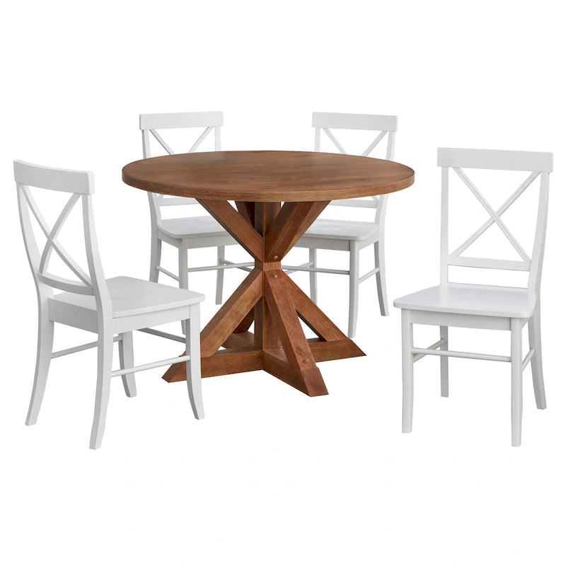 Dining Set 5-Piece 45.25" Round Table 4 Cross-Back Chairs Rubberwood Pedestal Farmhouse