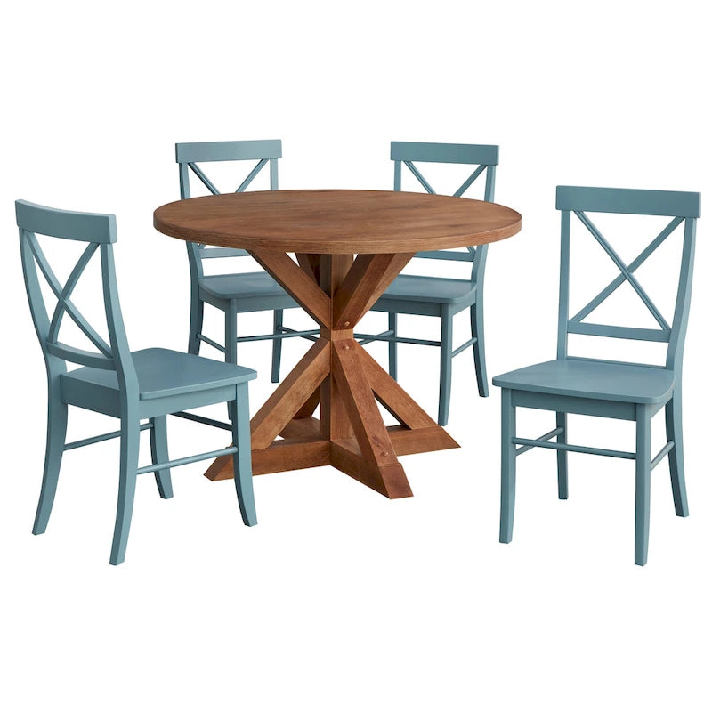 Dining Set 5-Piece 45.25" Round Table 4 Cross-Back Chairs Rubberwood Pedestal Farmhouse